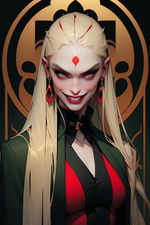 Young woman, blonde, long hair, shaved temple, green eyes, harmful character, aggressive, Resists, leash on the neck, A glance from under the brow, bares his teeth while smiling slightly, athletic body, revealing black and red clothes, reflective fabric, a man&#39;s hand touches her tenderly