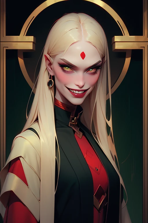 Young woman, blonde, long hair, shaved temple, green eyes, harmful character, aggressive, Resists, leash on the neck, A glance from under the brow, bares his teeth while smiling slightly, athletic body, revealing black and red clothes, reflective fabric, a man&#39;s hand touches her tenderly