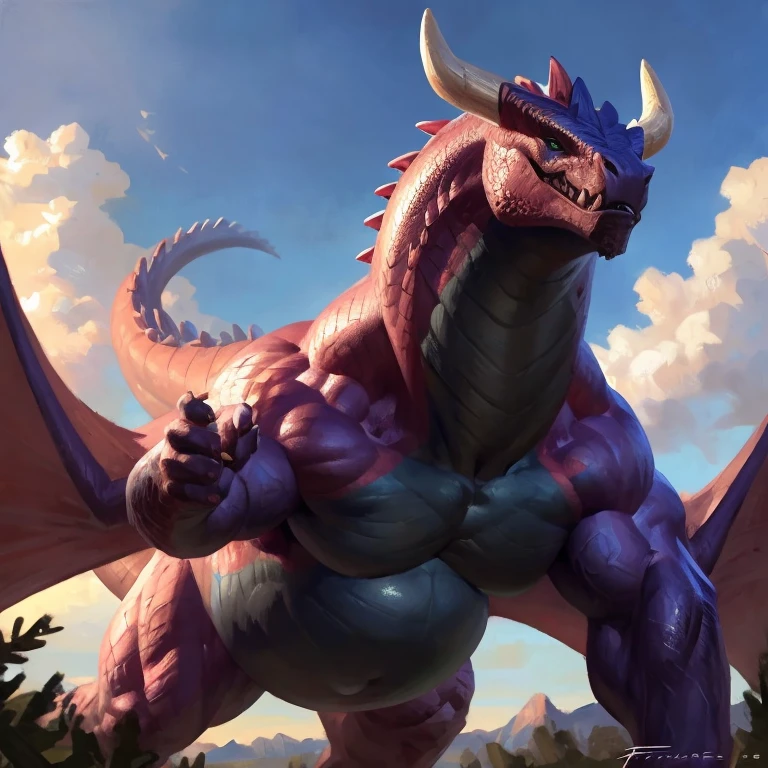 Detailed painting, by Taran Fiddler, closeup, outlook view, wide angle, dragoness, full body, feral, dainty, friendly, colorful, rounded snout, wings, pregnant-like belly, round belly, dominant belly, huge belly, bloated belly, big muscles, wide body, thick body muscles, powerfull muscles, beefy muscles, thick neck, beefy neck, tall, voracious, glutonous, enormous, giant, gigantic, colosssal size, gargantuan, kaiju, powerfull look, badass look, looking at viewer