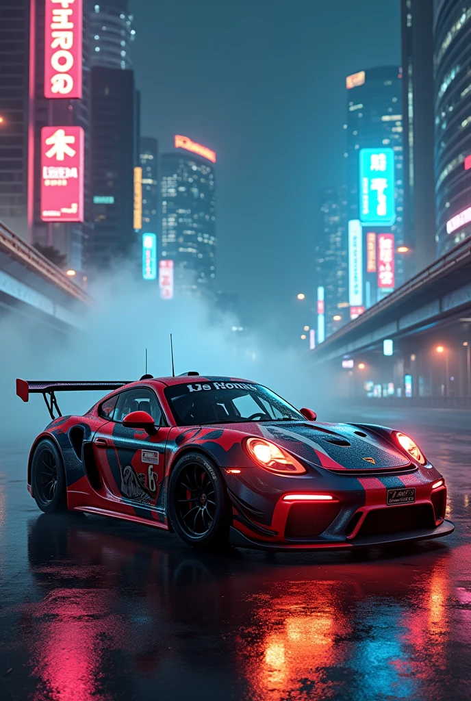 (Intricate details:1.2), (Realistic), (masterpiece), (photograph), Cinema Lighting，Cyberpunk City，fog，Cyberpunk Hypercar，Soft colors，Swirling colored smoke，Legend，Cityscape，space，Porsche cayman gts rally，Ground cars，car，No humans，scenery，alone，Car both focus, At night, Front Quarter, Liberty Walk Widebody, Widebody Information，gulf coast，Battle of Metropolitan Expressway，Tokyo，Metropolitan Expressway，Suso Furiel anime female paint, Sexy elf lingerie ears on the door, Itasha style,