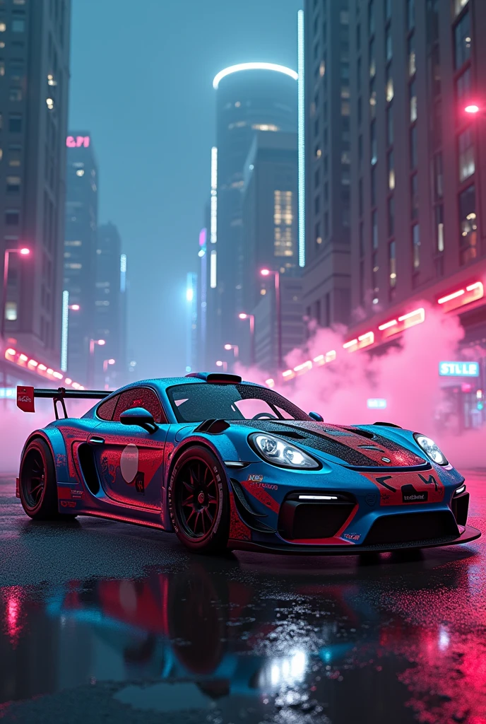 (Intricate details:1.2), (Realistic), (masterpiece), (photograph), Cinema Lighting,Cyberpunk City,fog,Cyberpunk Hypercar,Soft colors,Swirling colored smoke,Legend,Cityscape,space,Porsche cayman gts rally,Ground cars,car,No humans,scenery,alone,Car both focus, At night, Front Quarter, Liberty Walk Widebody, Widebody Information,gulf coast,Battle of Metropolitan Expressway,Tokyo,Metropolitan Expressway,Suso Furiel anime female paint, Sexy elf lingerie ears on the door, Itasha style,