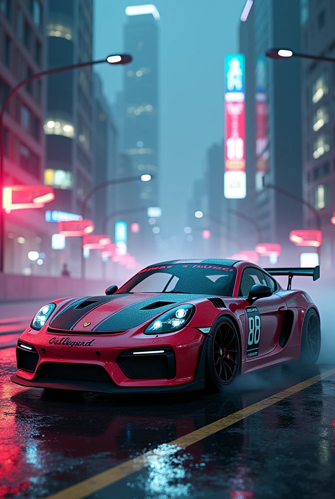 (Intricate details:1.2), (Realistic), (masterpiece), (photograph), Cinema Lighting,Cyberpunk City,fog,Cyberpunk Hypercar,Soft colors,Swirling colored smoke,Legend,Cityscape,space,Porsche cayman gts rally,Ground cars,car,No humans,scenery,alone,Car both focus, At night, Front Quarter, Liberty Walk Widebody, Widebody Information,gulf coast,Battle of Metropolitan Expressway,Tokyo,Metropolitan Expressway,Suso Furiel anime female paint, Sexy elf lingerie ears on the door, Itasha style,