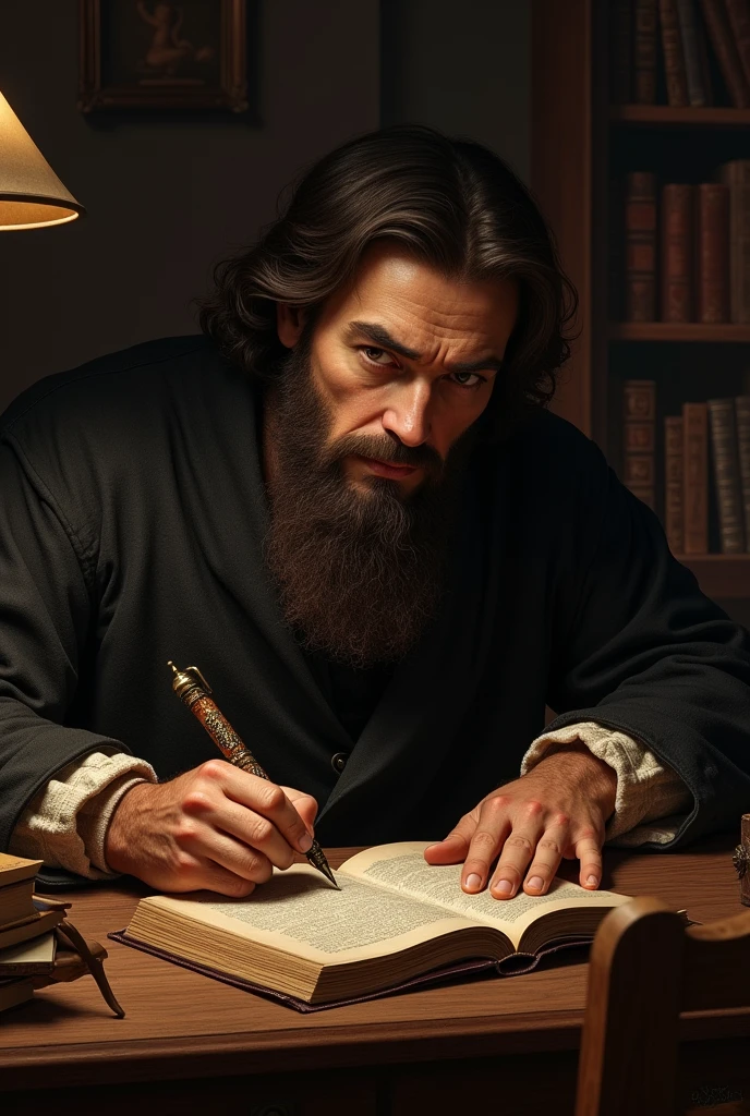 Bartolome writing with a pen in a book 