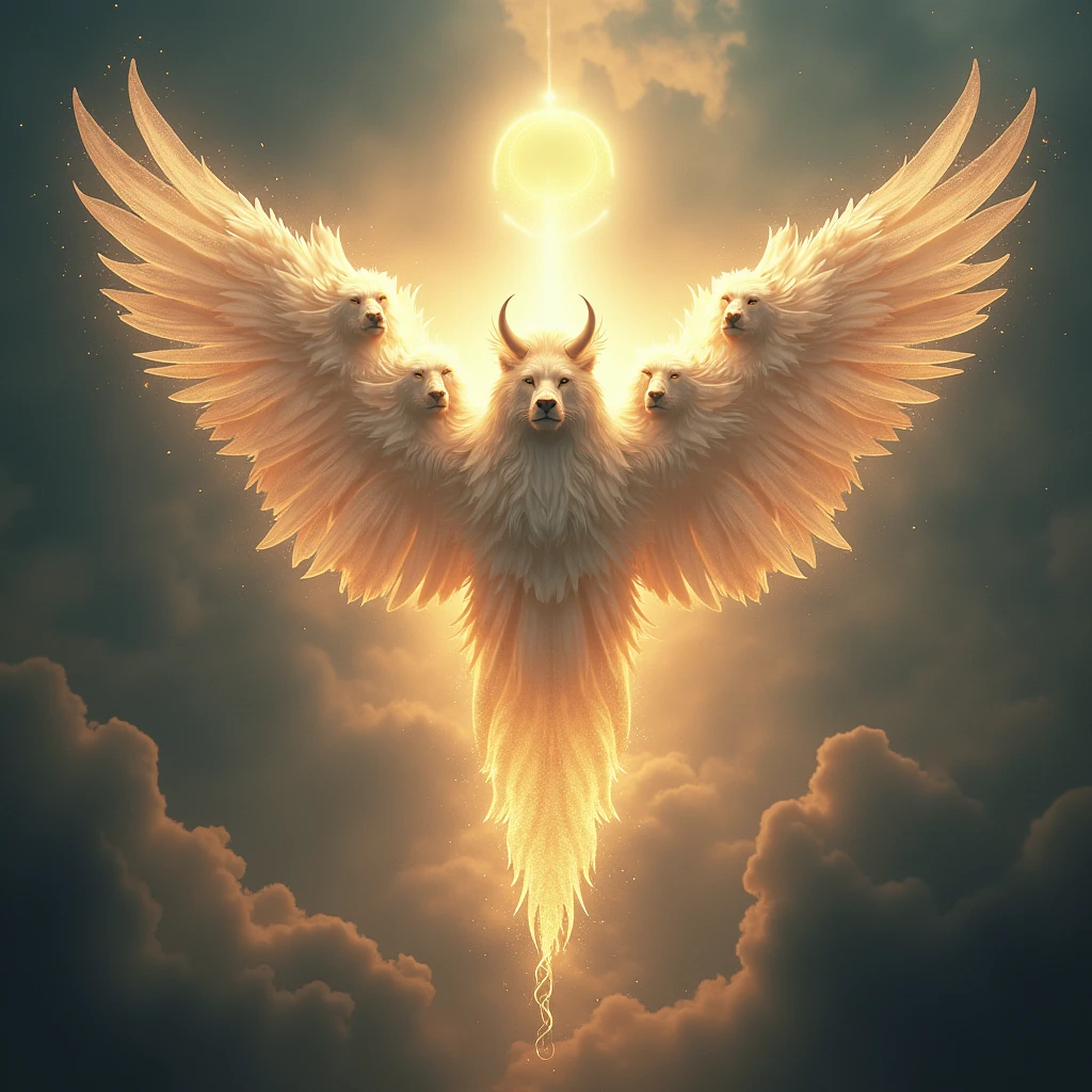 Seraphim angels they appear with faces of another man, Lion,  another of an ox and another of an eagle, symbolizing the fullness of creation and the power of God