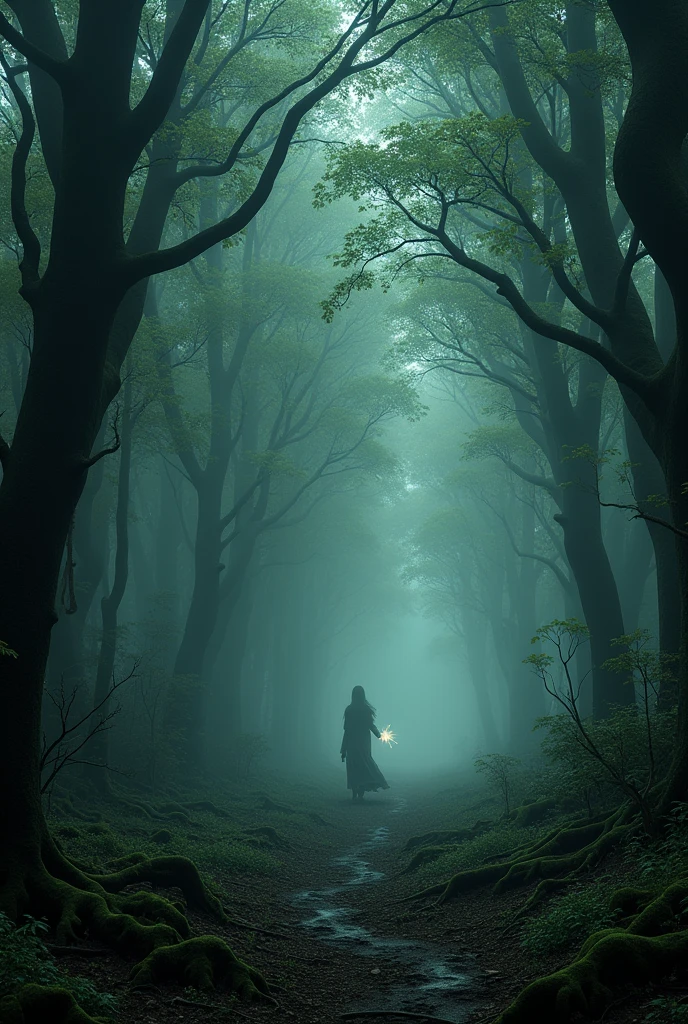 Create an image of this place from another and more realistic angle
*The Forest of Laments*
A dense forest on the outskirts of the village, where the trees seem to whisper at night. It is a place of mystery and reverence, avoided by many, but also respected for its ancestral power.
_Legenda:_ The story goes that the forest is inhabited by the spirits of those who died with deep regrets.. They wander among the trees, crying over your losses, and sometimes, offer advice to those who can hear it.