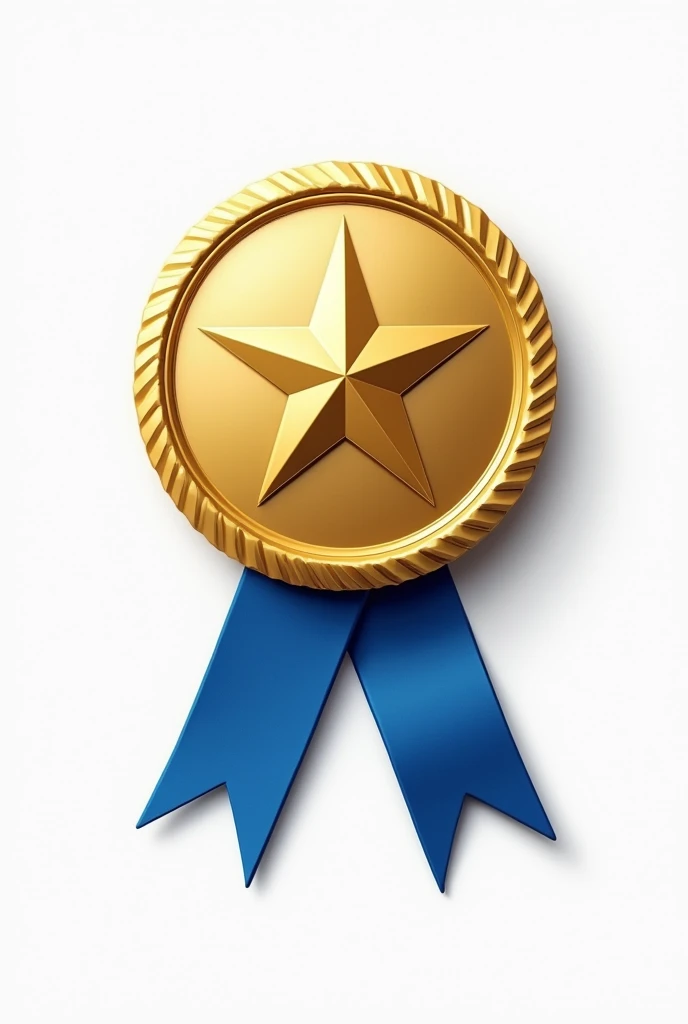 Gold medal with blue ribbon on white background with a star in the center