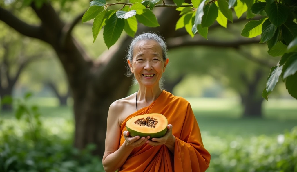 Under the shade of a large papaya tree, the same elderly Buddhist woman holds a freshly cut papaya in her hands, explaining its many health benefits, especially for those over 50. Her face is kind and caring, as she gestures to the fruit, offering it as a gift from nature for longevity and vitality. The lush surroundings highlight the natural wisdom she shares