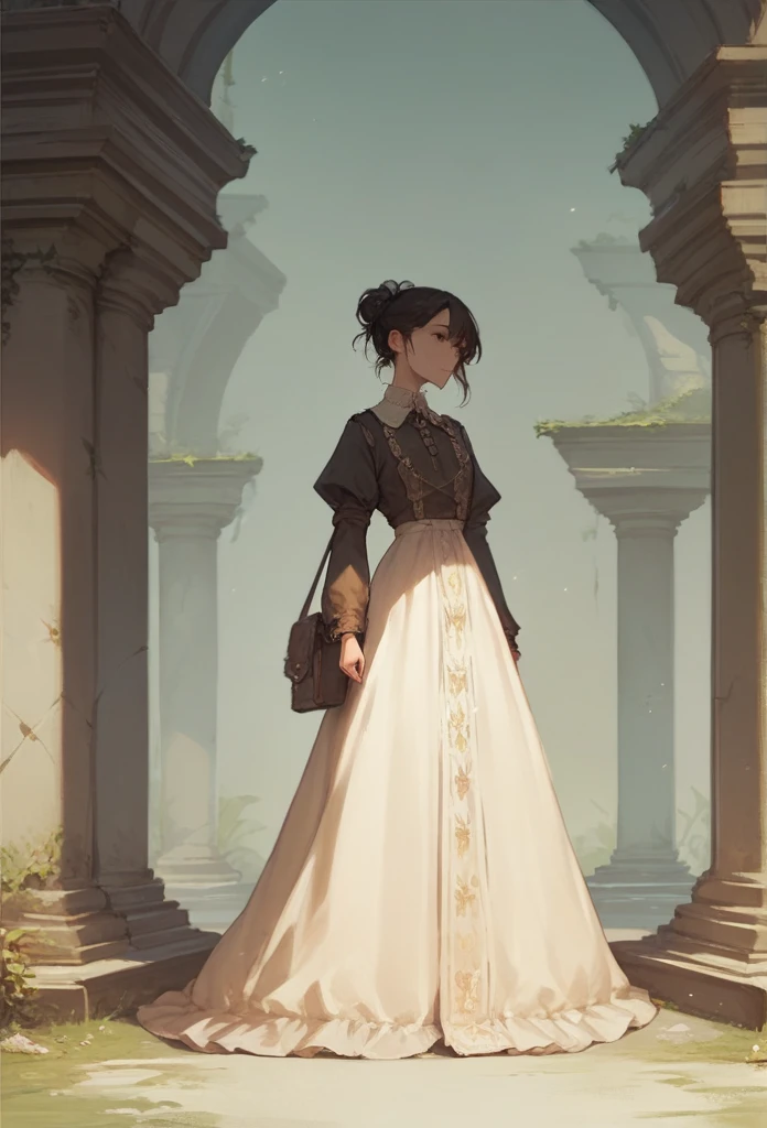 An anime woman wearing a long dress open at the sides and a small coat