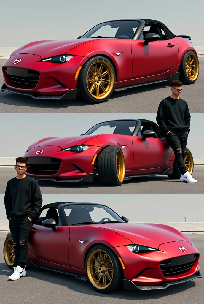 Realistic HD photo from different angles of a matte red Mazda MX5 with gold rims and yellow calipers and a spoiler, Sporty diffuser and side skirts in carbon fiber, and leaning on him a young man with square glasses and short curly hair with a taper fade cut and a black Nike sweatshirt, Black ripped pants and white Nike blazer, and that the Mazda comes out completely
