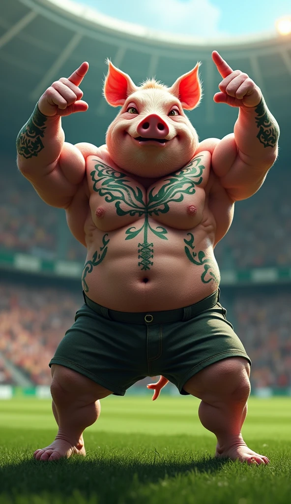 A muscular pig, with a defined gym belly, puffed out chest and no shirt, green tattoos, crossing his arms above his head and pointing the middle finger of both hands, inside a soccer stadium