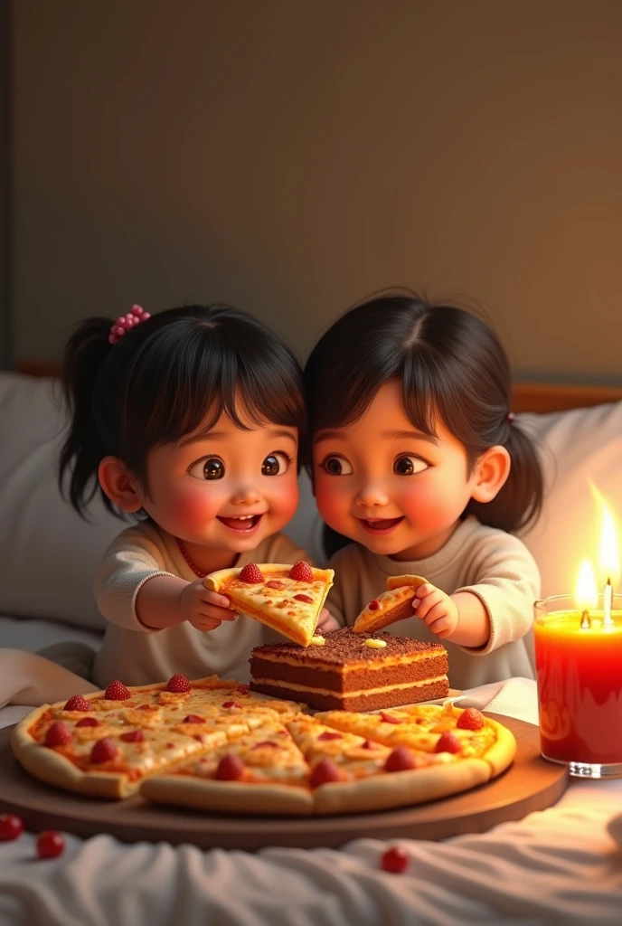 (photorealism:1.2), A young boy and a girl with a chubby cheeks are celebrating birthday of a girl while sitting on the bed and a boy eating the pizza to girl from his hand while girl eating the pizza from boy hand and the pizza is Creamy chicken Tikka pizza and Infront of them their is table in which left pizza slices are keep and on the right side their is chocolate cake with a coke cold drink