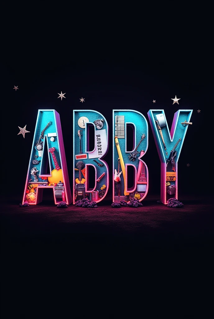 The name ABBY and inside each letter there are images of rock music 
