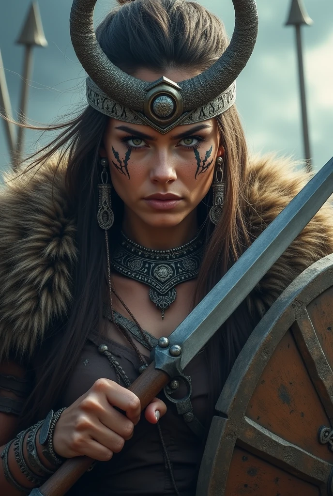 Close up face beautiful viking woman, spear and shield in hand , thunder in the eye, large head ornament , tribal design on the eyes, Angry, necklace around the neck with ornaments, battle outfit, knife close to the face