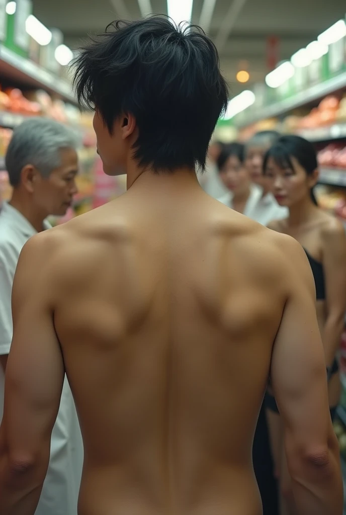 1boy、Photo Quality、Cute handsome man、Mash Hair、Japanese male, 、Completely naked、Full nudity、erection、Huge penis、Highest quality、Realistic、beautiful、Prostration、In front of the women、Back view、supermarket