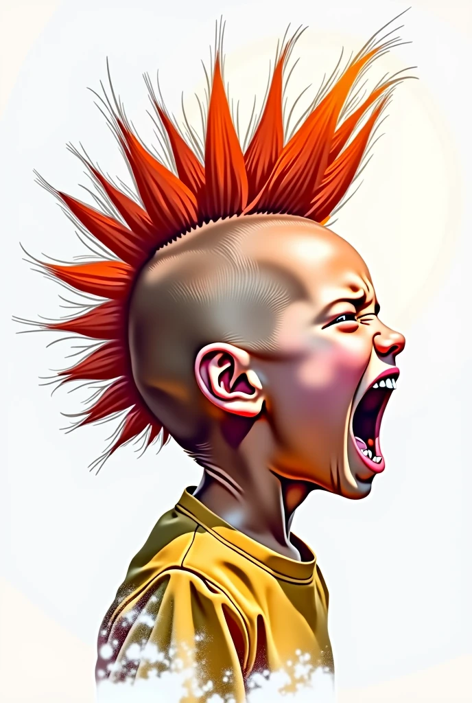 a screaming child in profile with a punk mohawk with eight very thick spikes and a white background but the photo is in color
