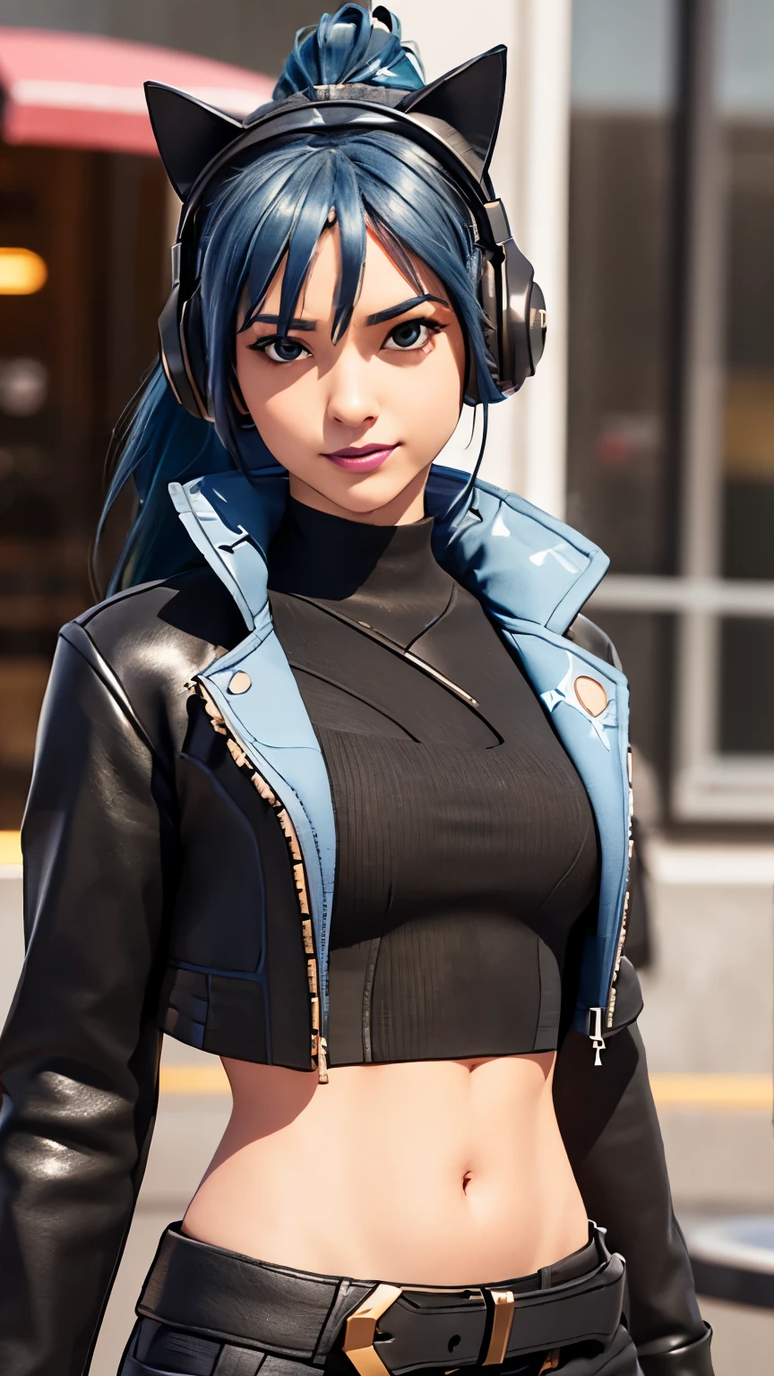 City background, 1girl, solo, HeroicHopeFN, Heroic Hope from fortnite, (crop top, black top, open clothes), (jacket crop top, black jacket, blue loose, jacket loose), fingerless gloves, black pants, blue belt, blue hair, ponytail, blue eyes, headphones, cat ears headphones, holster, holster spray cans, purple lips, lipsticks, smirk, upper body, looking at viewer,