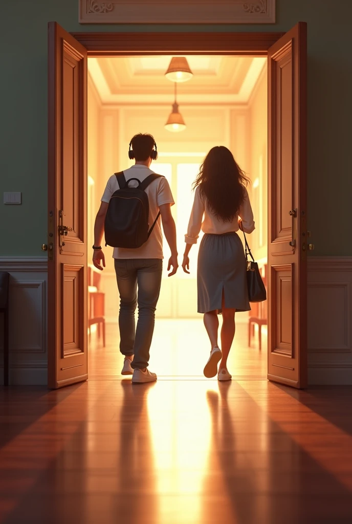 A hall way end in a house showing 2 doors on either side with a university hansome white boy with headphones and a university black haired brown girl on opposite sides entering the rooms