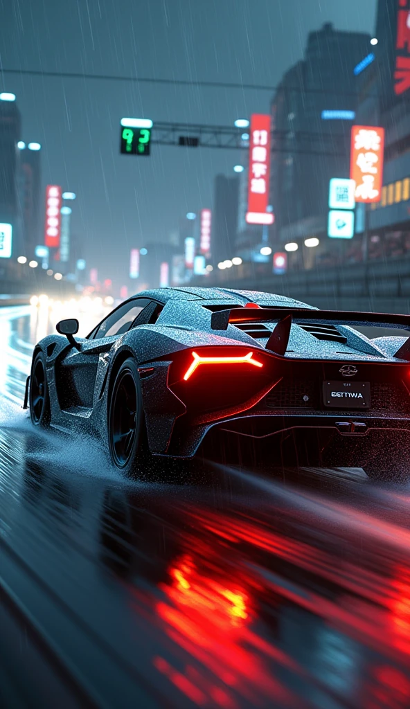 rear of a luxury sports car speeding in the rain on a Tokyo track