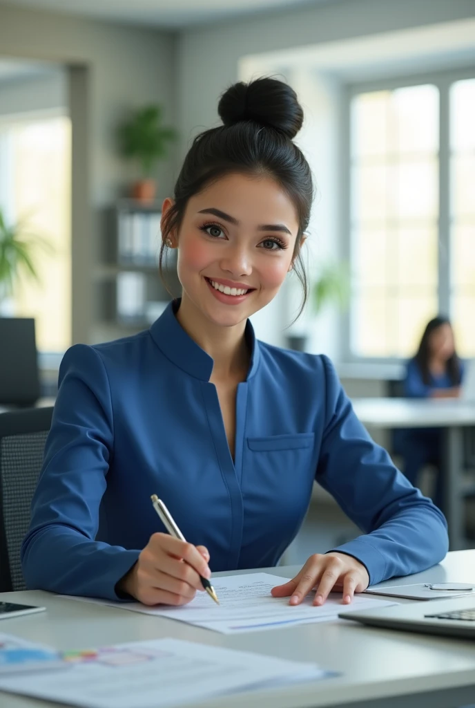 (best quality,4k,highres,masterpiece:1.2),ultra-detailed,(realistic,photorealistic,photo-realistic:1.37),single mother age 28,beautiful detailed eyes and face,smiling,confident,black hair tied in a neat bun,blue banking tailor uniform,posting important documents,efficient and professional,organized desk,modern office environment,sunlight streaming through large windows,comfortable ergonomic chair,professional demeanor,vivid colors,sharp focus,physically-based rendering,studio lighting,bokeh