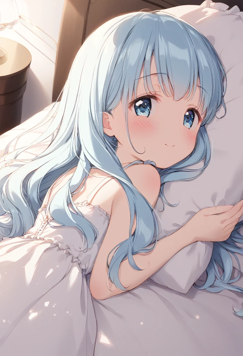 pillow on your arms, close your eyes and relax, showing a romantic, relaxed and elegant beauty,(((( light blue long hair)))),((((little delicate girl)))), 1 girl ,tiny 1girl ,young, ,((blush)) ,, cute face, 