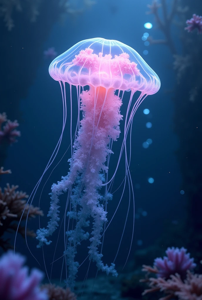 [Subject: A majestic jellyfish floating in a dreamlike underwater universe, with ethereal tendrils that glow with a supernatural, inner light. The jellyfish's body emits soft, bioluminescent light that shifts between extra-natural, psychedelic colors, creating a mesmerizing and surreal visual effect as it moves gracefully through the water. Image Type: Ultra-realistic photography with a dreamy, surreal, and psychedelic touch. Art Styles: Dreamscapes, Surrealism, Psychedelic Art. Environment: Deep underwater scene with glowing, abstract coral formations and softly illuminated water, enhancing the jellyfish’s supernatural glow. Camera: Wide-angle shot from below, capturing the jellyfish's full form as it floats gracefully, with its tendrils creating delicate, glowing patterns in the water. Lighting: Soft, bioluminescent glow from the jellyfish, with faint ambient light from the surrounding environment, creating a serene, otherworldly atmosphere. Render: 8K resolution, ethereal textures with a supernatural glow, ultra-sharp details in the tendrils and water particles. Inspirations: Jean Giraud (Moebius), René Magritte, Alex Grey.]
