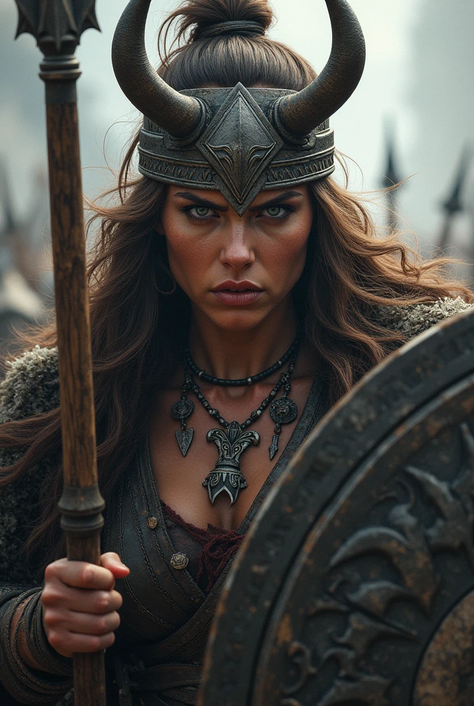 Close up face beautiful viking woman, spear and shield in hand , thunder in the eye, large head ornament , tribal design on the eyes, Angry, necklace around the neck with ornaments, battle outfit, Angry
