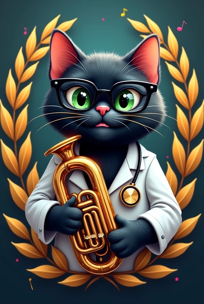 I want a logo with a happy, smug, and tender black cat with green eyes with shiny black glasses and crystals that plays a tuba and also has a stethoscope and on the sides there are very realistic, very shiny golden laurels and a white doctor&#39;s coat with musical notes. 
