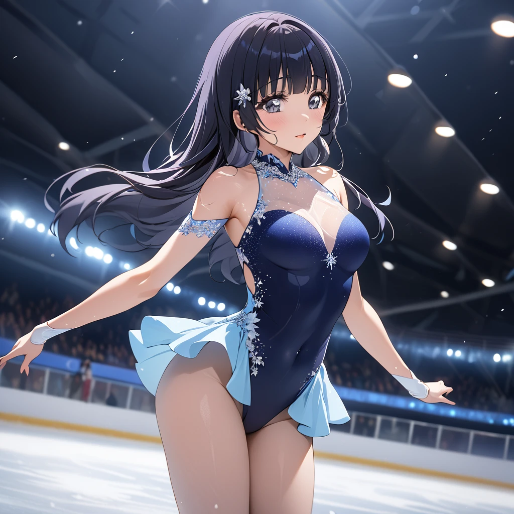 ((Highest quality)), ((masterpiece)), (detailed), （Perfect Face）、The woman is Reika Aoki with semi-long hair、A woman is passionately and attractively skating on an ice rink in a gorgeous and glamorous figure skating costume.