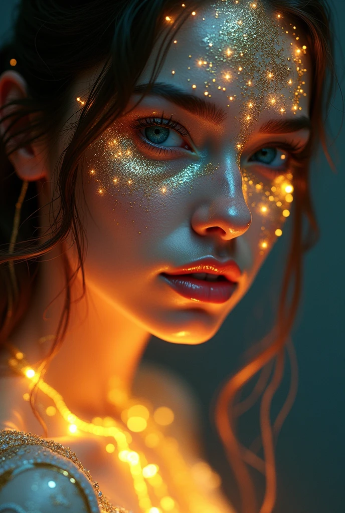 arafed woman with gold and glitter on her face, glowing magical shiny skin, glowing face, 8k artistic portrait photography, brandon woelfel, glowing with colored light, beautiful digital artwork, unreal engine : : rave makeup, beautiful fantasy portrait, fantasy portrait, cgsociety portrait, artem demura beeple, stunning digital illustration, glowing details