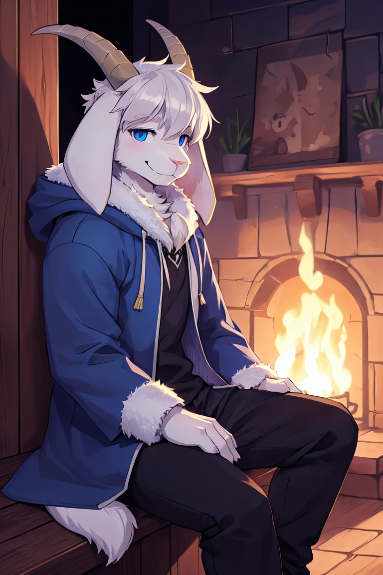 a man, alone Asriel, Undertale (Asriel Dreemurr), smile, eskimo coat(blue coat), tall, hairy, anthropomorphic, blue eyes(black blouse, black pants), goat paw, paw with pastern(short tail, tail anthropomorphic, short tail, bushy tail, antrum goat tail, hairy), hair (bangs on the right side), barefoot, short horns. ((Detailed, tail detail, short tail, face detail, better quality))