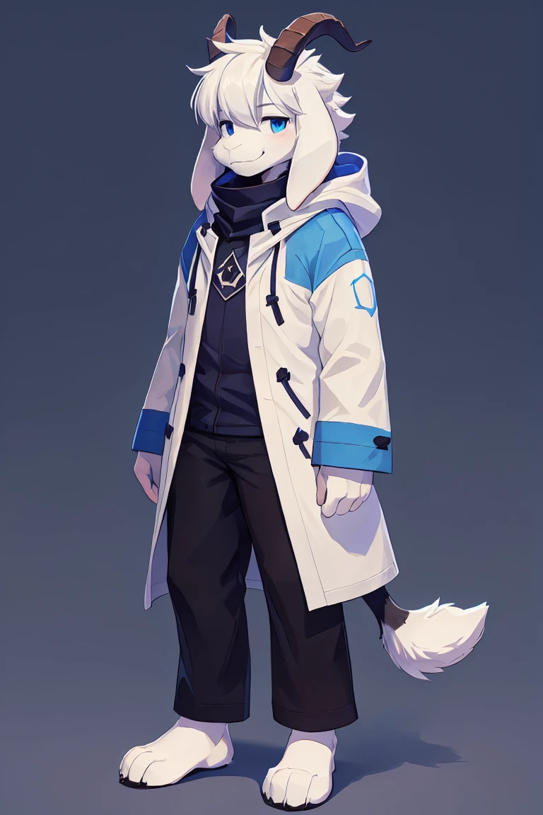 a man, alone Asriel, Undertale (Asriel Dreemurr), smile, eskimo coat(blue coat), tall, hairy, anthropomorphic, blue eyes(black blouse, black pants), goat paw, paw with pastern(short tail, tail anthropomorphic, short tail, bushy tail, antrum goat tail, hairy), hair (bangs on the right side), barefoot, short horns. ((Detailed, tail detail, short tail, face detail, better quality))