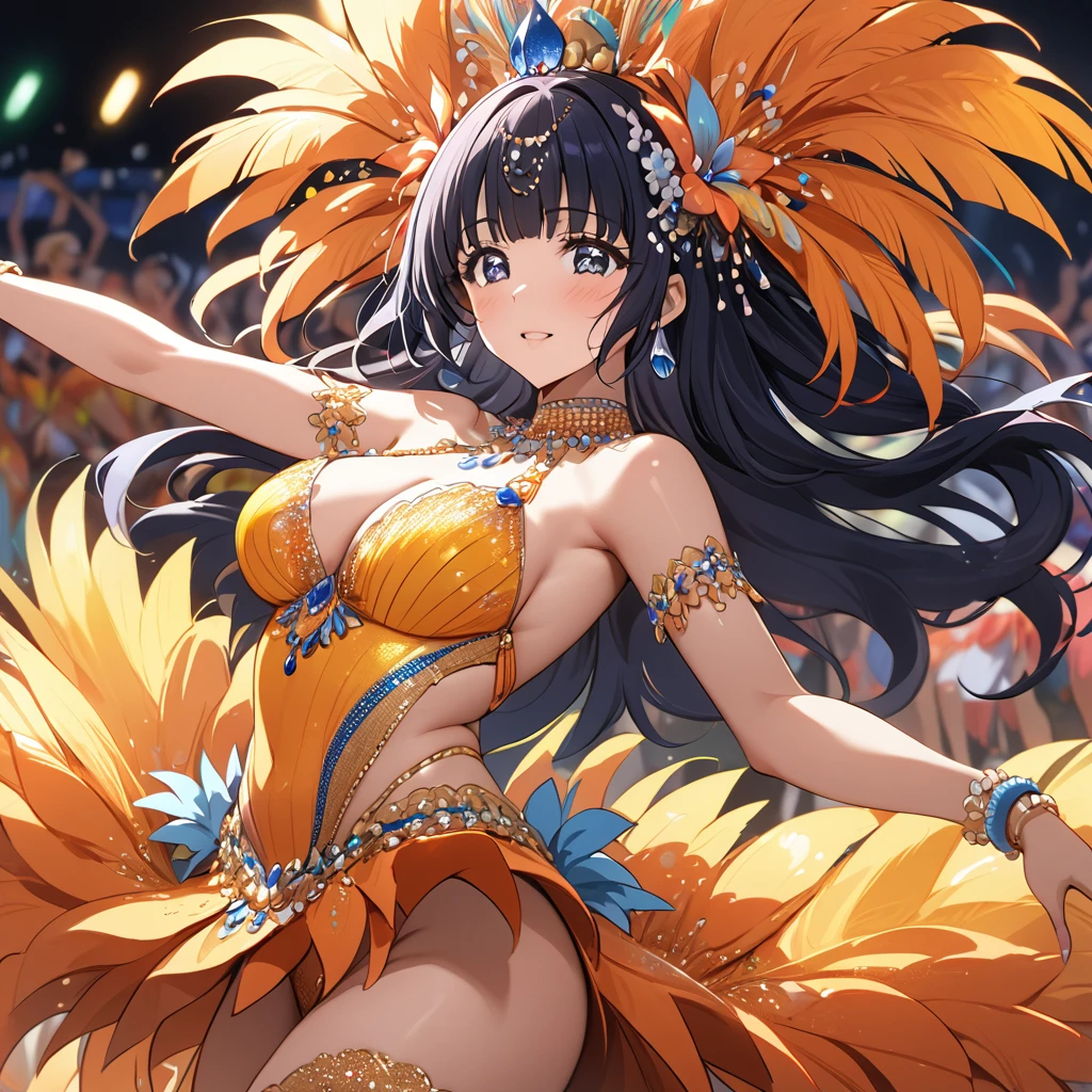 ((Highest quality)), ((masterpiece)), (detailed), (Perfect Face)、The woman is Reika Aoki with semi-long hair、A woman is dancing samba passionately and attractively in a samba costume at the Rio Carnival