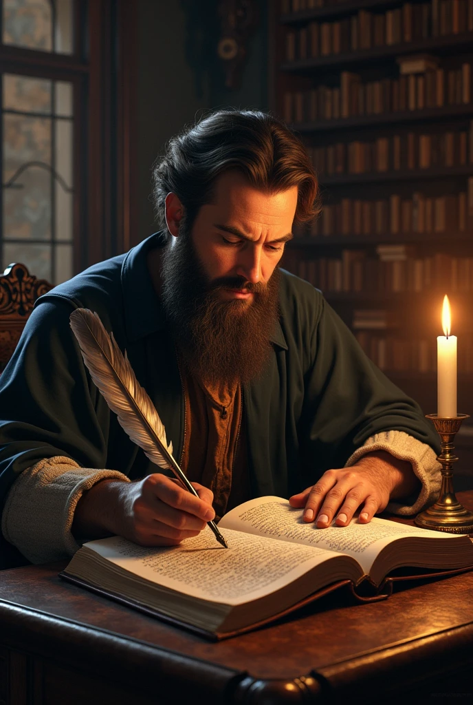 Bartolome writing with a pen from the 1500s with ink in a book