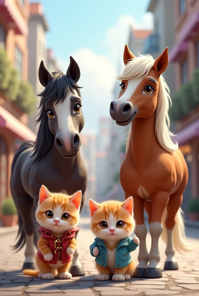 kitten cute Two horses male female cute服 Cityscape background Real