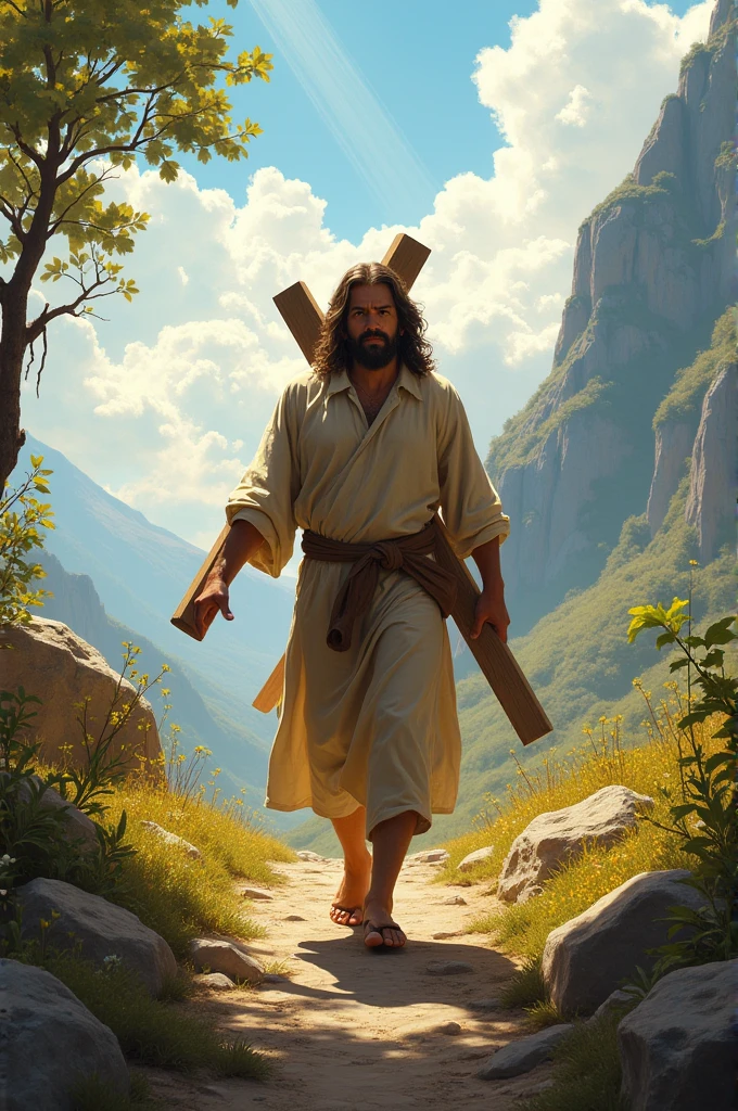 A person walking along a rugged path, their face determined yet serene. They are dressed in simple, humble clothing, symbolizing their devotion. In one hand, they carry a wooden cross, its weight a testament to their commitment. The background features a bright sky, with rays of sunlight breaking through clouds, illuminating the path ahead. Surrounding them are symbols of nature—trees, flowers, and perhaps a distant mountain—representing the journey of faith and the beauty of creation. This scene captures both struggle and hope in following Jesus Christ.