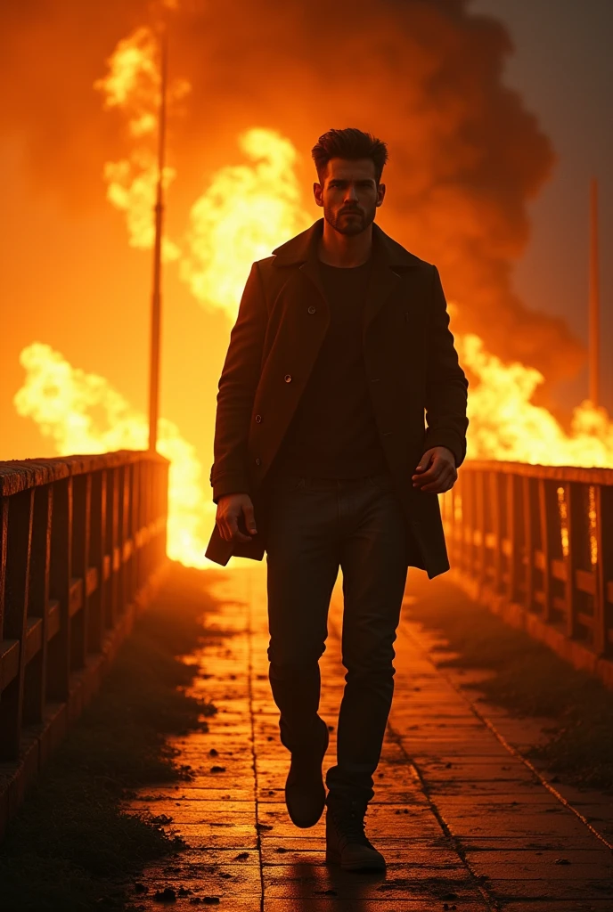 (photorealism:1.2), masterpiece, Best quality, super detail, ultra realism, super realism, 8k, sharp textures, detailed skin texture accurate anatomy, handsome brunette man walking on the bridge, which burns behind his back, night, View from behind, burning ashes fly to the sides