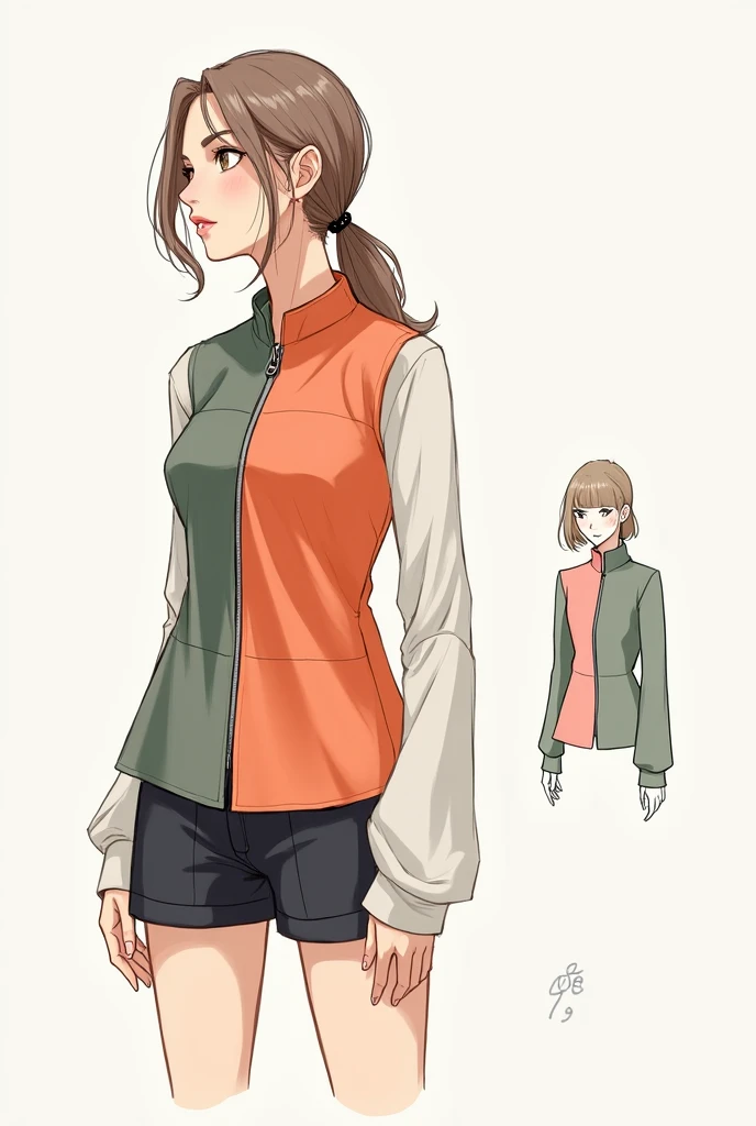Sketch a blouse with a zipper, There is 1 color on each side of the blouse, and on the right side there must be "the other sleeve of the blouse on the left side