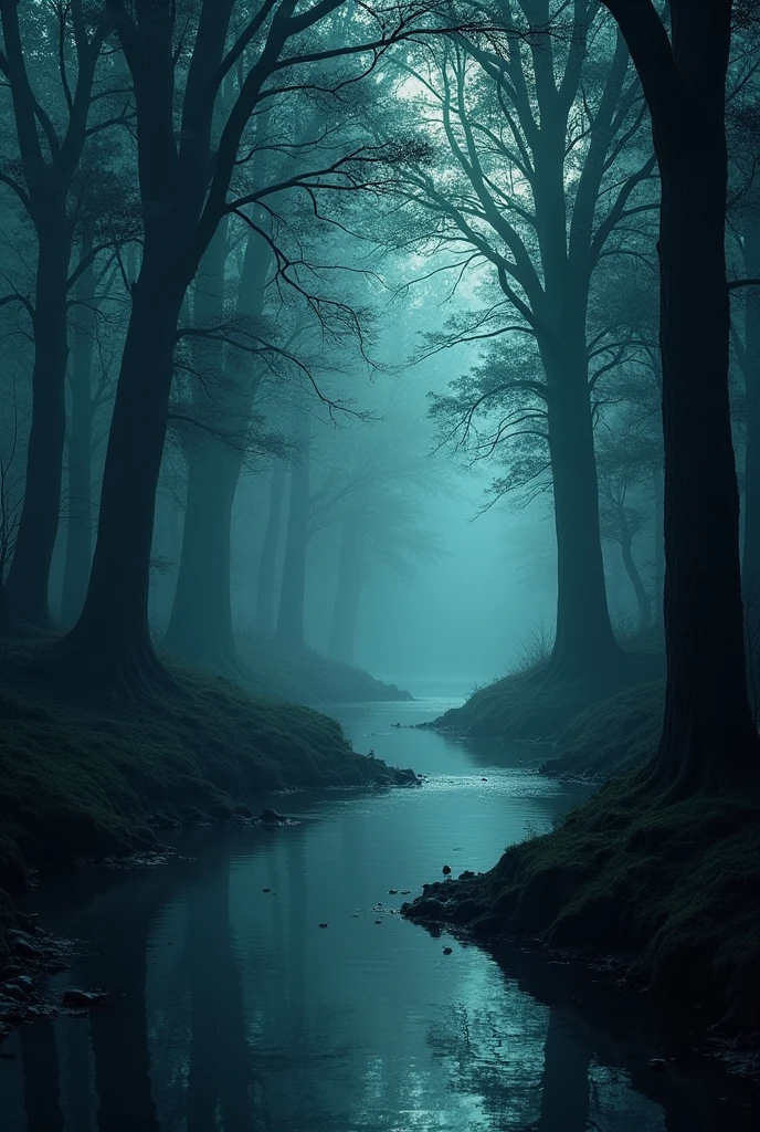 Create an image of this place from another angle, more realistic and with lake or shadow of animals animals 

*The Forest of Laments*

A dense forest on the outskirts of the village, where the trees seem to whisper at night. It is a place of mystery and reverence, avoided by many, but also respected for its ancestral power.

_Legenda:_ The story goes that the forest is inhabited by the spirits of those who died with deep regrets.. They wander among the trees, crying over your losses, and sometimes, offer advice to those who can hear it.
