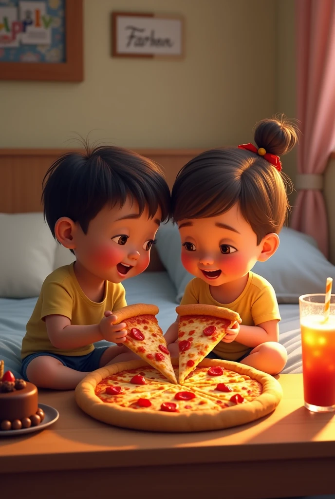 (photorealism:1.2), A young boy and a girl with a chubby cheeks are celebrating birthday of a girl while sitting on the bed and a boy eating the pizza to girl from his hand while girl eating the pizza from boy hand and the pizza is Creamy chicken Tikka pizza and Infront of them their is table in which left pizza slices are keep and on the right side their is chocolate cake with a coke cold drink and in the back of the wall their is written the name farheen with balloon