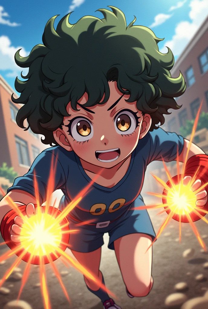 Create a girl from the anime boku no hero academia with curly hair ,white skin and light brown eyes ,fighting excitedly at the ua