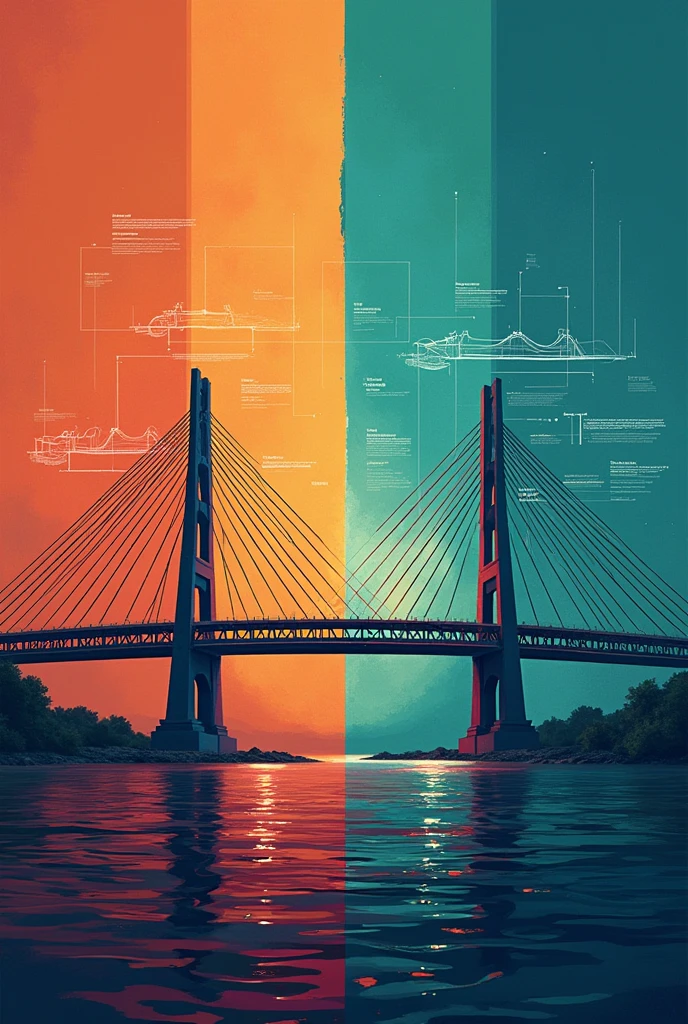 I love the idea of the bridge! It is a visually powerful symbol that conveys the idea of connecting different dots and collaborating to create something great..  Here are some additional ideas to make your bridge image even more striking.:

**1.  The Bridge as a symbol of unity:**

* **Representation:**  An arched bridge, with lines converging in the center, creating a sense of unity and togetherness.
* **Details:**
    *  You can use warm colors like orange, Red or yellow to give the feeling of strength and energy. 
    *  Include shadows that represent the depth and stability of the bridge.
    *  You can add a horizontal line at the bottom of the bridge, that represents the solid foundation on which it is built.

**2.  The Bridge as a path to innovation:**

* **Representation:** A modern bridge, with an avant-garde and futuristic design.
* **Details:**
    *  Use cool colors like blue, Green or purple to give the feeling of innovation and technology. 
    *  You can add LED lights on the bridge to highlight modernity.
    *  Include elements that represent technology, such as fiber optic cables or solar panels.

**3.  The Bridge as a representation of engineering:**

* **Representation:** A bridge with different engineering elements, like beams, Pillars, cables and anchors.
* **Details:**
    *  You can use colors that represent different types of engineering, as grey for construction, Red for electricity and blue for mechanics. 
    *  A graphic style can be used to highlight engineering elements and their interaction..
    *  Include a plan or diagram of the bridge to show the complexity of its design..

**Additional tips:**

* **The camera angle:**  Use a camera angle that highlights the beauty and grandeur of the bridge. An angle from below can show height and strength, while an angle from above can show the extent and the al