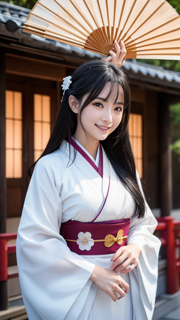 (Super beautiful woman in kimono)、((highest quality、8K masterpiece:1.3))、sharp focus:1.2、(super beautiful face:1.0)、(shiny skin:1.0)、realistic pictures、black hair、video lighting、High resolution eyes and face、video lighting、japanese actress、from the front、with a happy smile、whole body、wearing a kimono、in Kyoto、(luxury obi)、with a fan、Fireworks Display