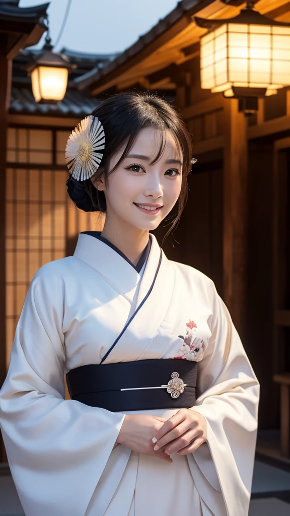 (Super beautiful woman in kimono)、((highest quality、8K masterpiece:1.3))、sharp focus:1.2、(super beautiful face:1.0)、(shiny skin:1.0)、realistic pictures、black hair、video lighting、High resolution eyes and face、video lighting、japanese actress、from the front、with a happy smile、whole body、wearing a kimono、in Kyoto、(luxury obi)、with a fan、Fireworks Display