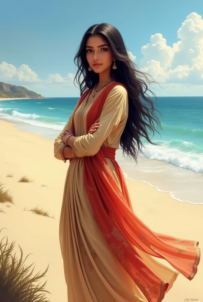 A Indian girl , white complexion with black hair and wearing indian suit standing in front of a beach ,full body, taking a realistic photo