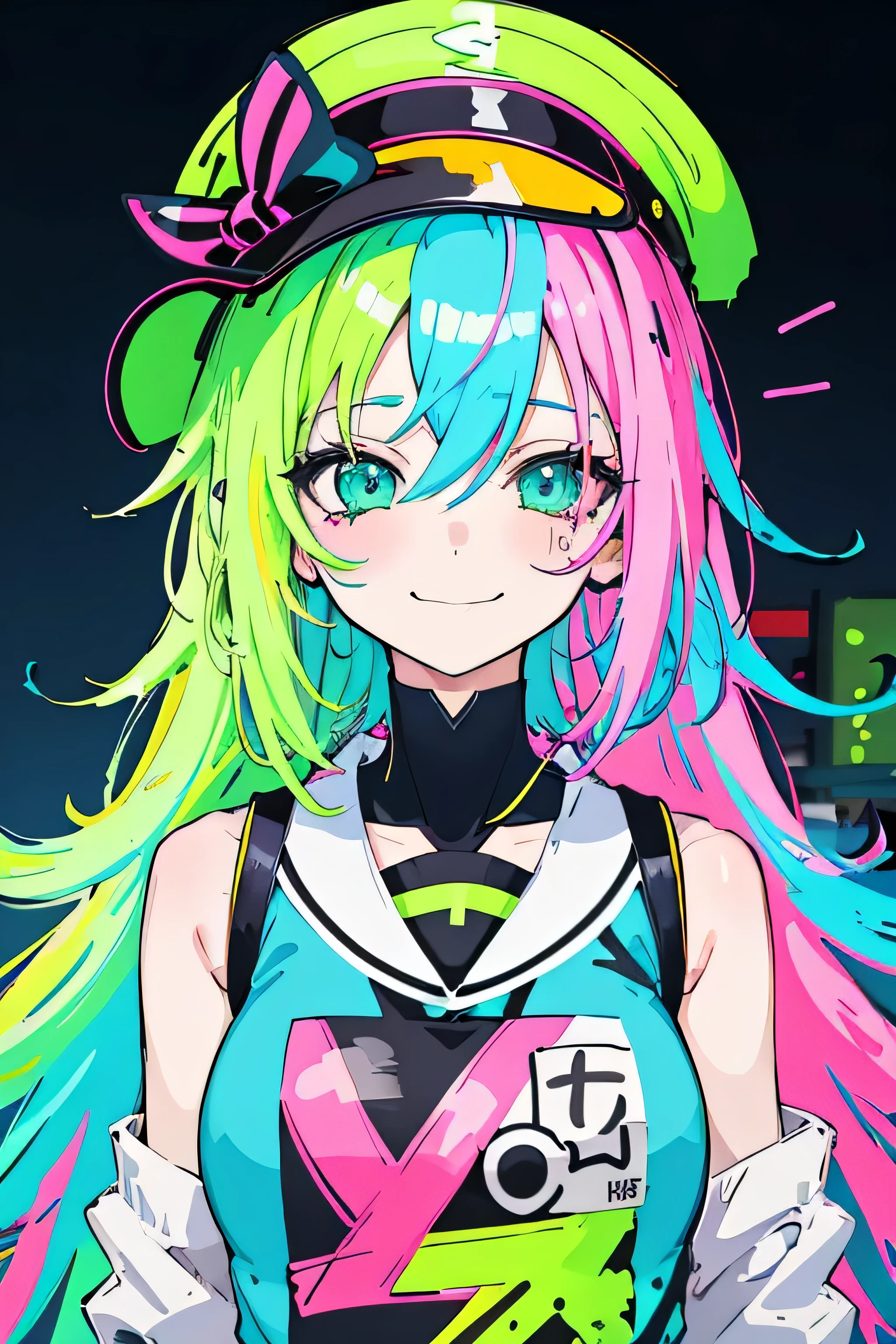 Anime girl with hat and nask, Green messy hair, Neon pink and blue street background, Stickers, ニヤニヤ顔anime girl with a cap and a nask, green messy hair, street background in neon pink and blue colors, stickers, smirk faceサーカス