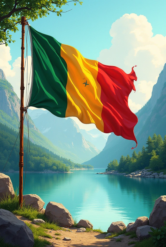 An artistic drawing of a red, yellow and green flag with a decorated background of mountains or a lake