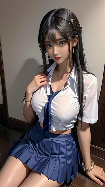 Photorealistic perfect body、Best image quality、Realistic ultra-high quality、ultra high quality face、(Japanese women:1.4)、(With two girls:1.4)(Schoolgirl uniform:1.5)、( mini skirt:1.5)、(Look at the socks:1.4)、Tight waist(Perm Hair:1.5)、(sleek bangs)、(Gal-style thick eyeliner:1.1)、(Long eyelashes:1.1)、(False eyelashes:1.1)、Gal-style makeup、Gal-style earrings、Gal style bracelet、(Gal-style triple necklace:1.2)、Sit on the stairs