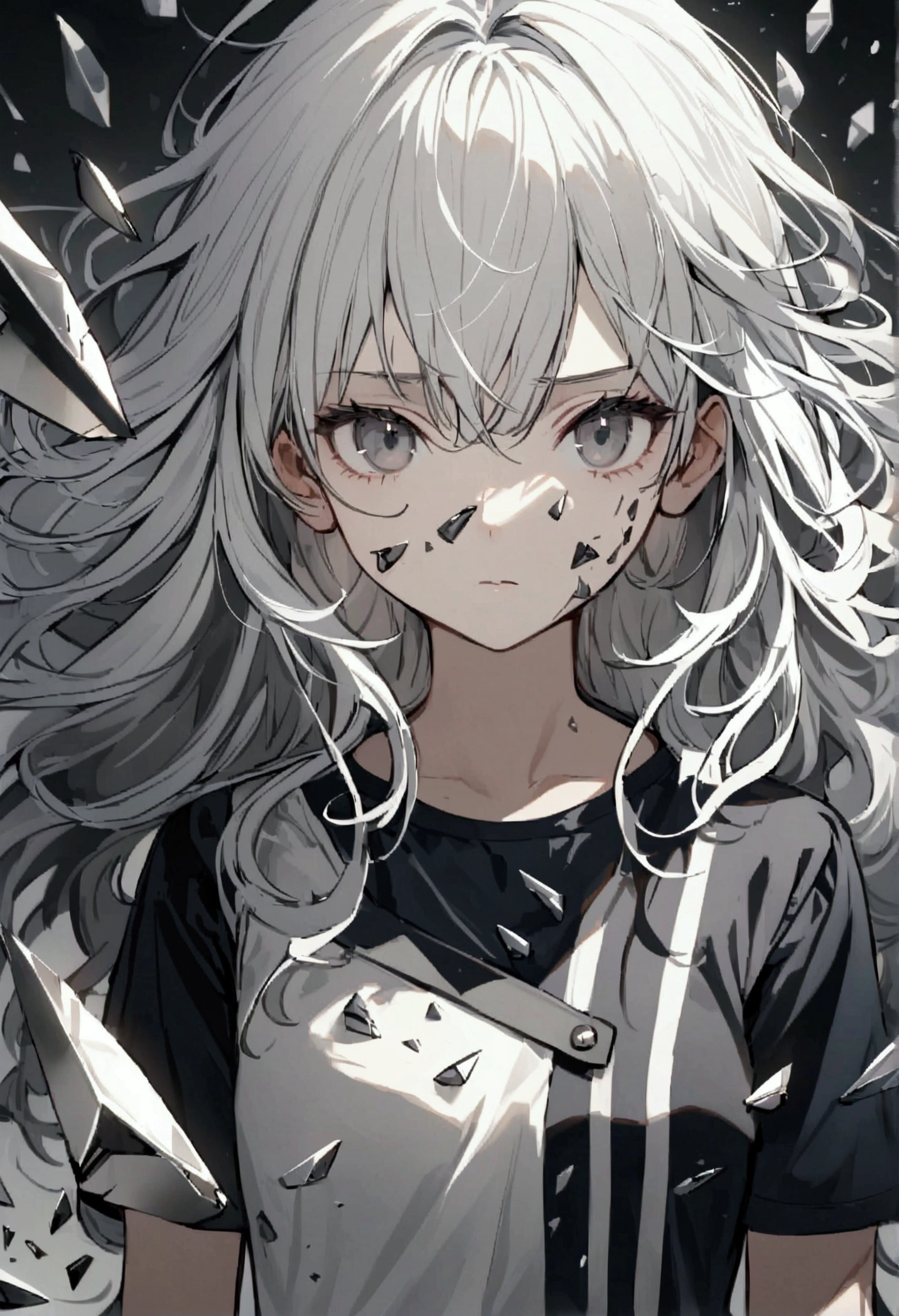 Teenage girl, tidy hair, medium length hair, multicolored black and white hair, middle stripe, gray eyes, face neutral, dark blue shirt, loose white short sleeve overcoat, white tattoos on the body, metal shards around the character