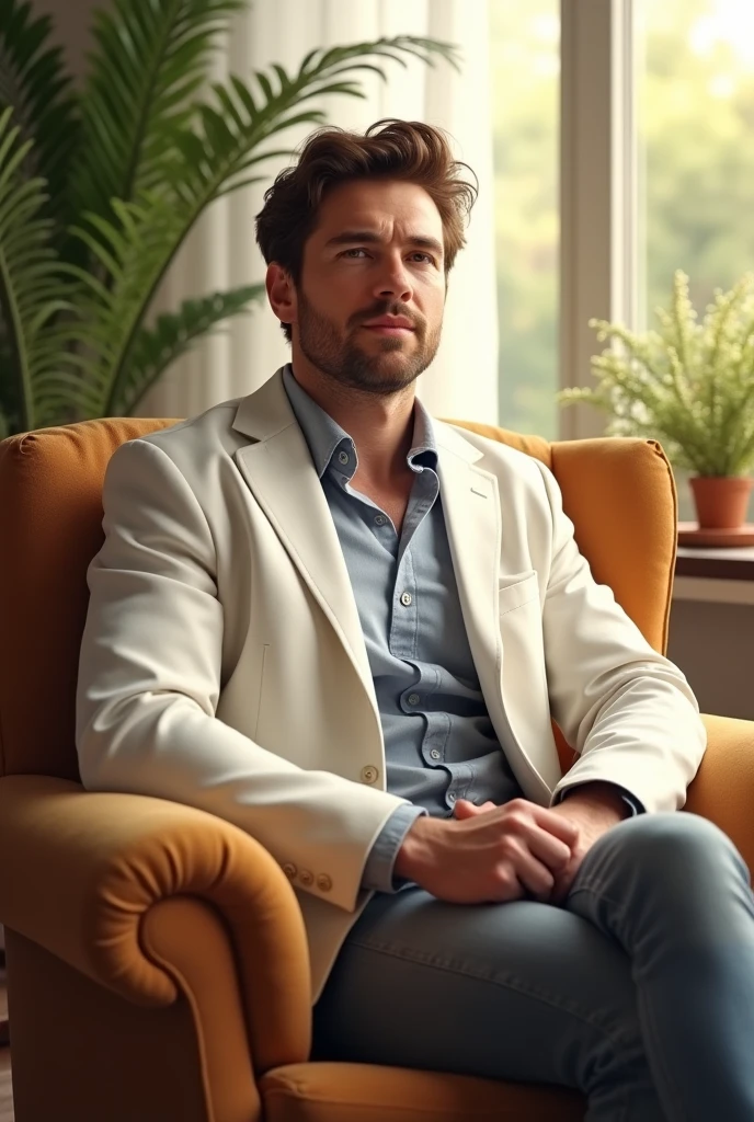 (photorealism:1.2), therapist male ,sitting on a comfy chair , wearing white jacket , not showing his legs , looks excactly like chico lachowski  , soft lighting, plants in background, window with sunlight, cozy room, relaxed pose, realistic, intricate details, warm colors. 