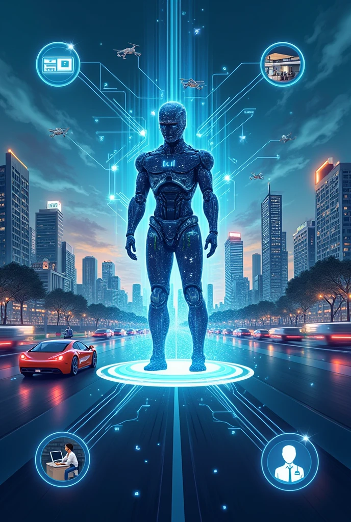 (A dynamic illustration showing various elements representing AI's impact on different aspects of life. The background features a futuristic cityscape with self-driving cars, drones, and robotic assistants. In the foreground, a holographic interface displays AI algorithms, connected networks, and digital data streams. Around the central focus, small icons or scenes represent AI’s role in healthcare (a robot assisting a doctor), education (AI-powered learning tools), business (automated processes), and daily life (smart home devices). The overall design is sleek, modern, and slightly futuristic, emphasizing the ongoing transformation AI brings to this age.